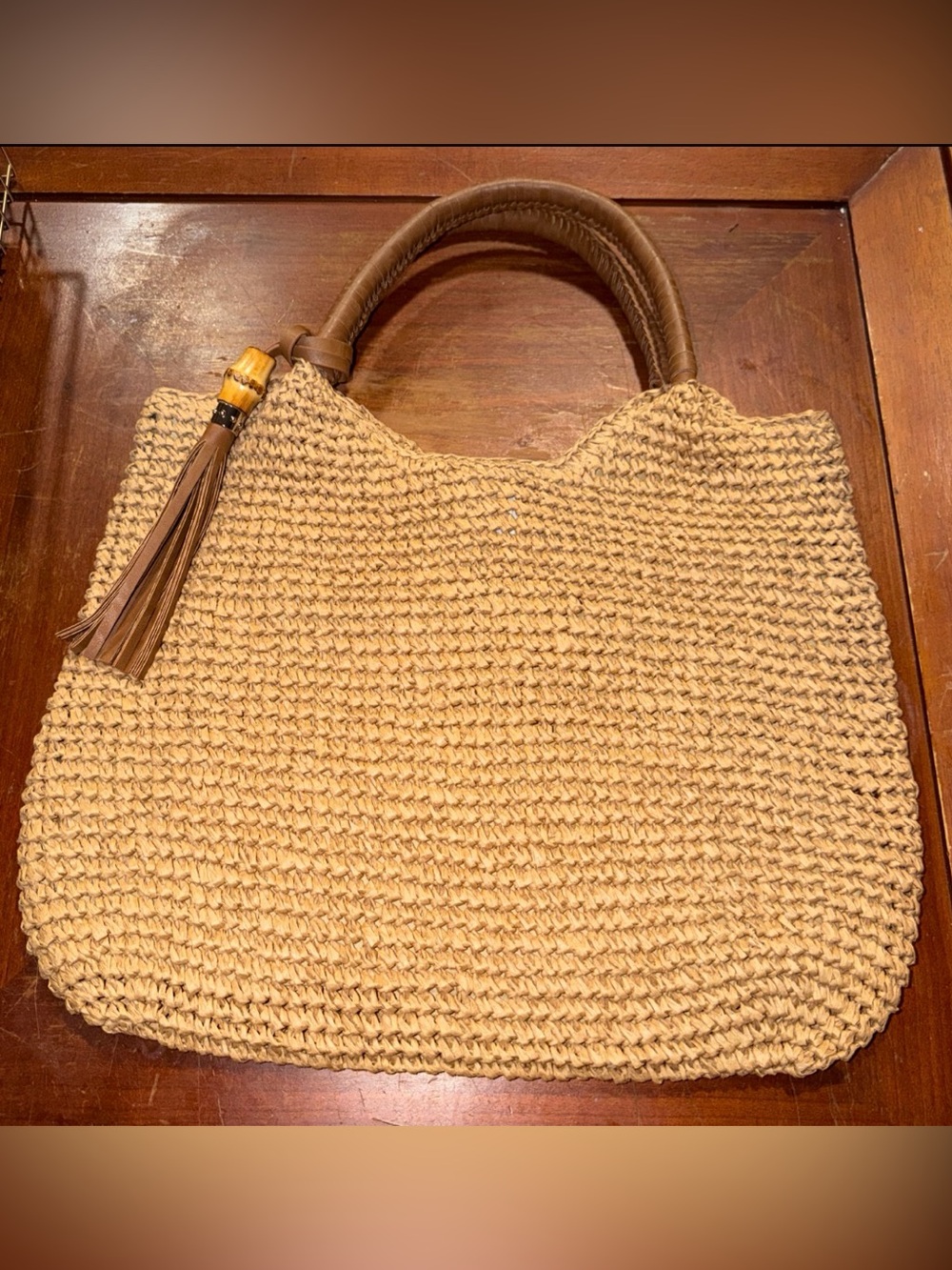 Tommy Bahama Straw Tote Bag Large Tan Woven Hobo Shoulder Purse Bamboo Tassel